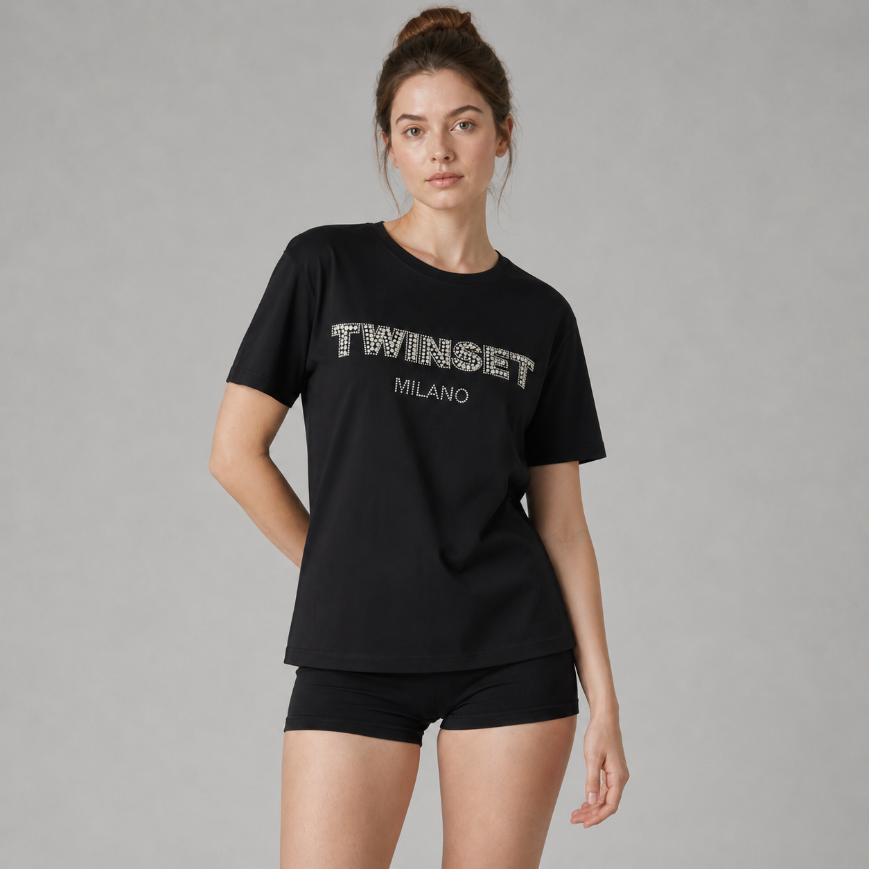 Siyah Taşlı Twinset Yazı Baskılı Tişört