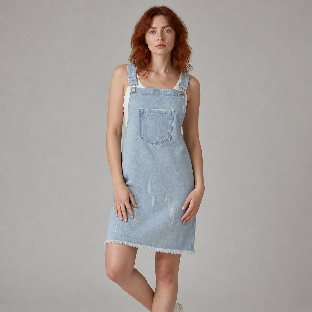 Açık Mavi Denim Salopet Mini Elbise
