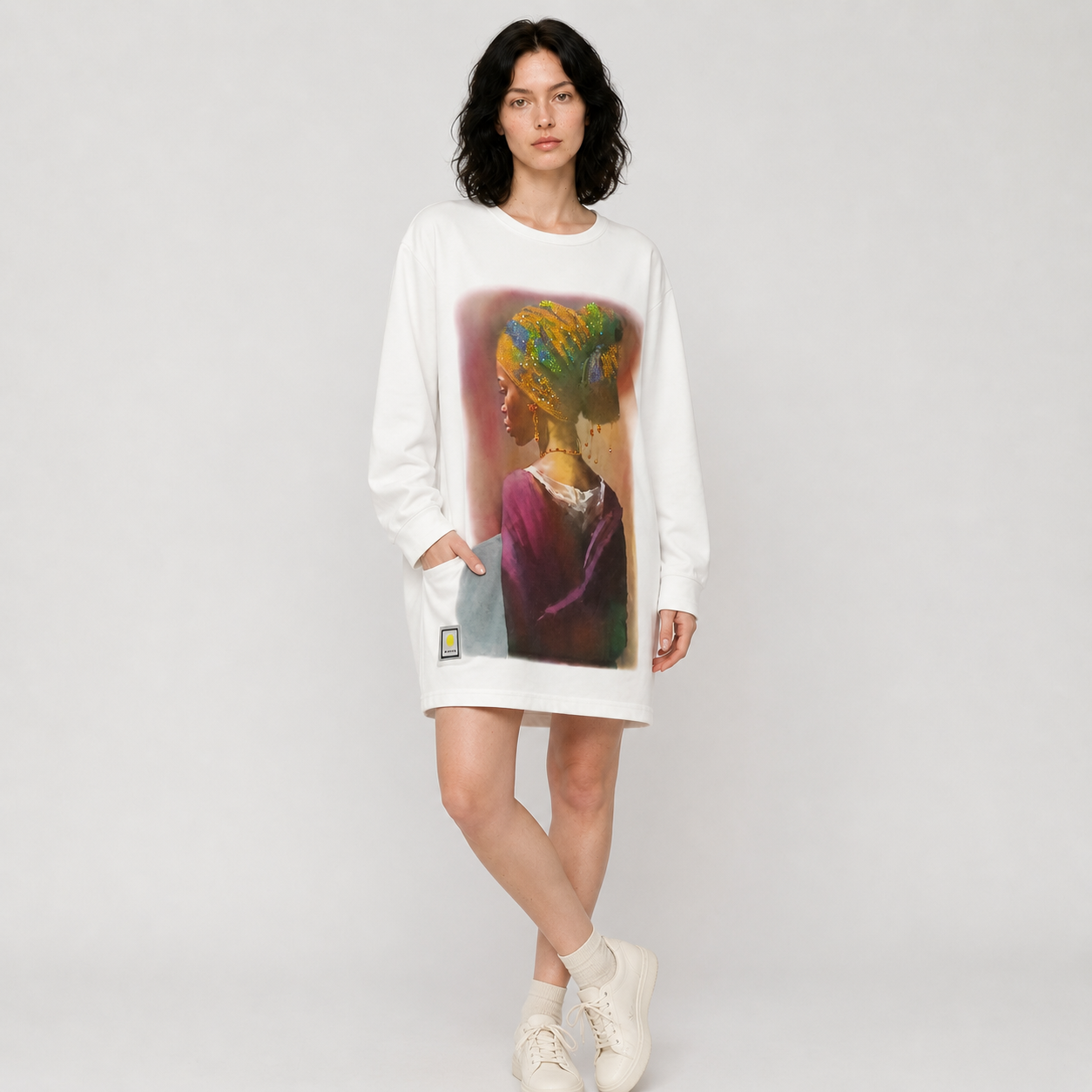 Portre Baskılı Oversize Tunik Elbise