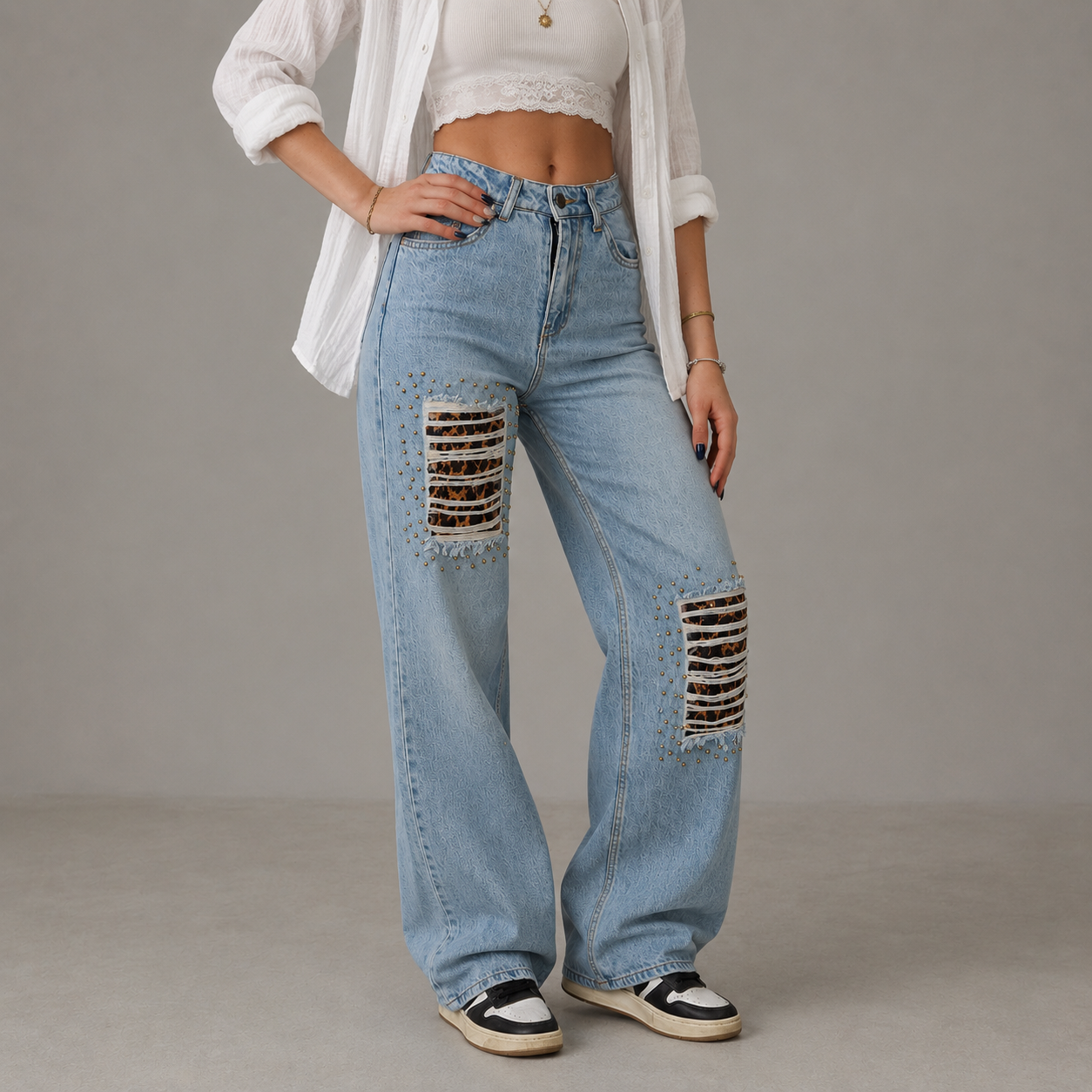 Yırtık Leopar Detaylı Wıde Leg Jean